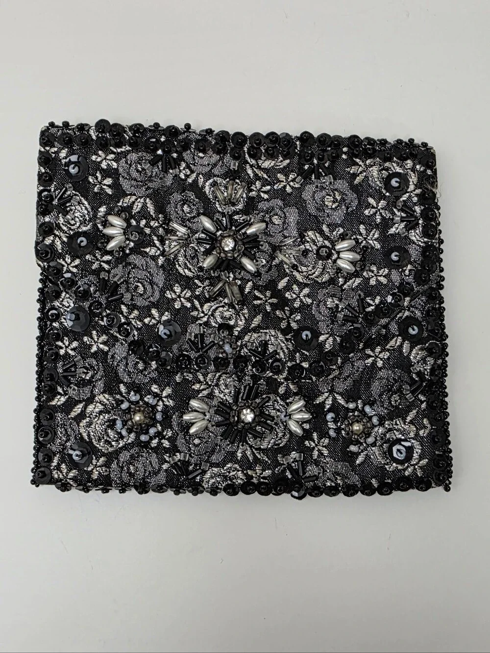 Vintage Black Silver Floral Beaded Sequin Clutch Snap Closure Lined Interior